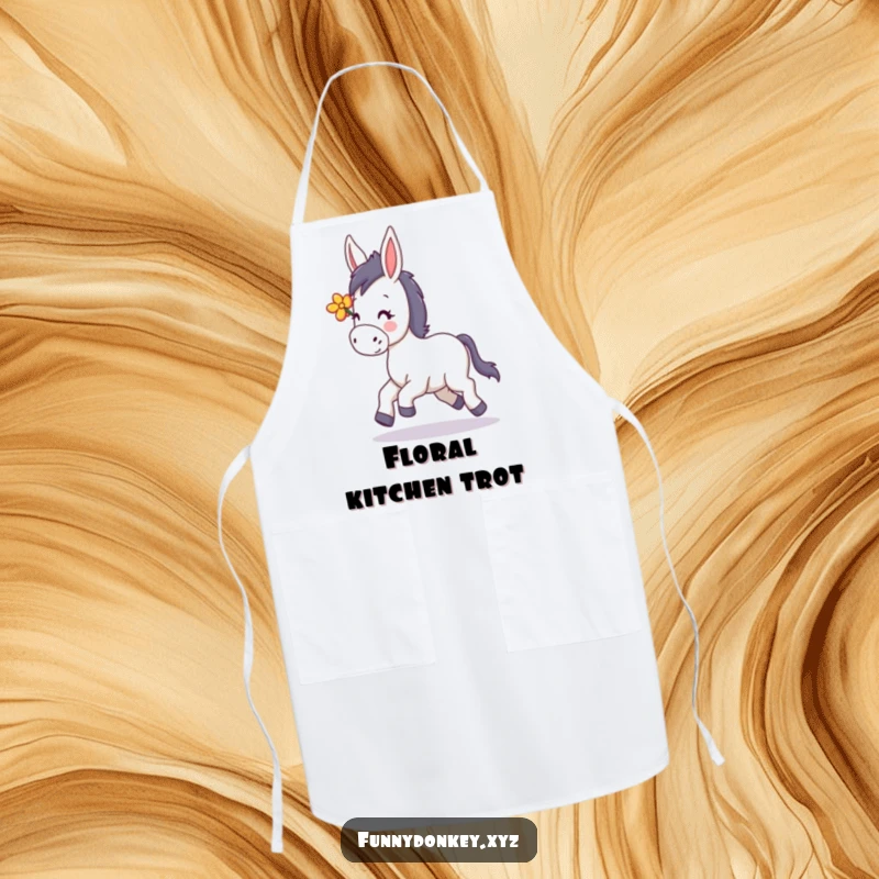 Funny Kawaii Donkey Apron, a donkey happily trotting with a flower in its mane, perfect for cheerful cooking.