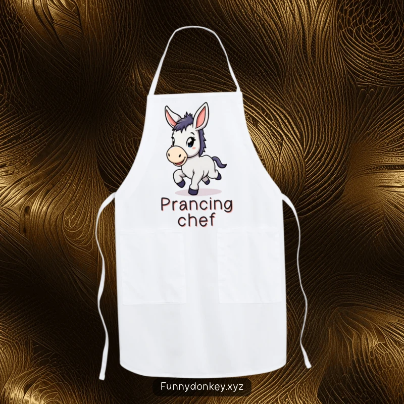 Funny Kawaii Donkey Apron featuring a cute donkey with large floppy ears, prancing with delight, perfect for kitchen fun.