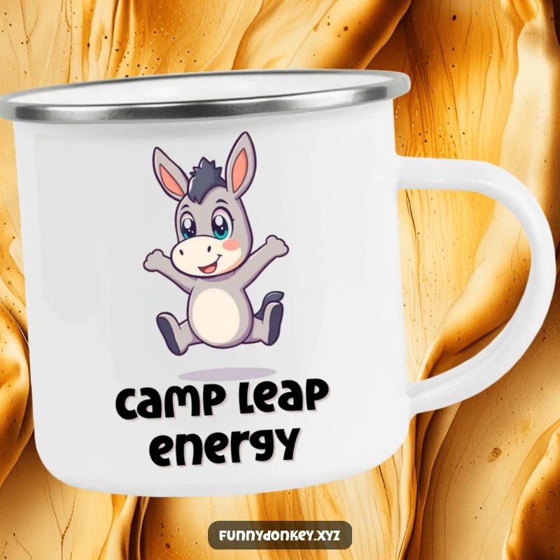 Funny Kawaii Donkey Camping Mug, a donkey mid-playful leap with wide eyes, for energetic outdoor adventures.