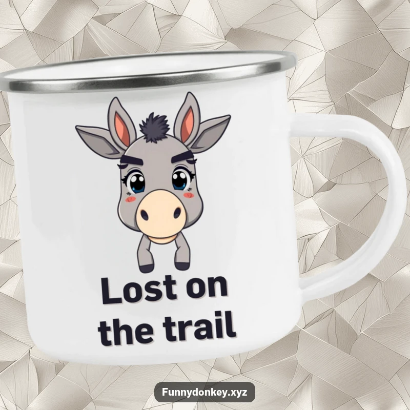 Funny enamel camping mug featuring a donkey with exaggerated, quizzical eyebrows, looking playfully bewildered under the open sky.