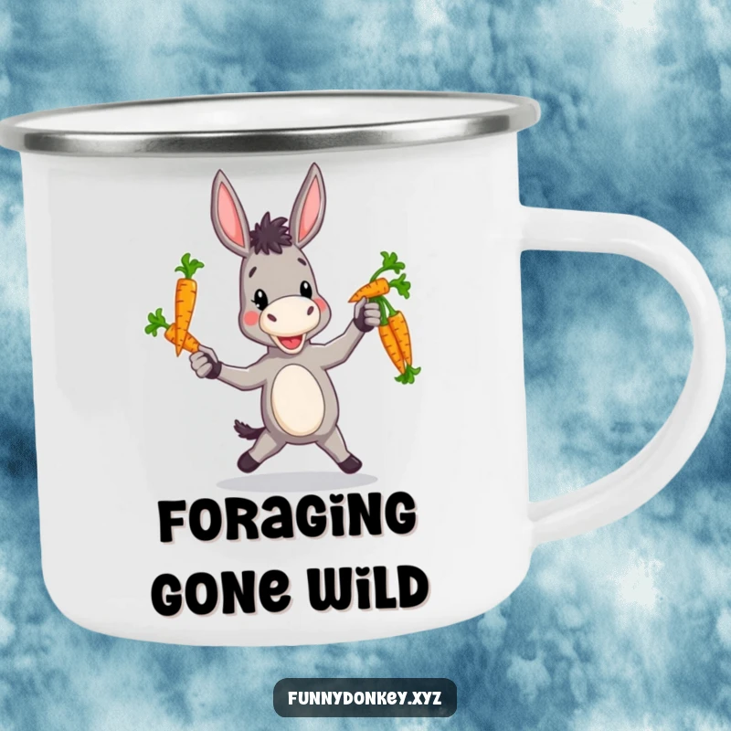Funny enamel camping mug showing a donkey with a clumsy yet charming demeanor while juggling colorful carrots.