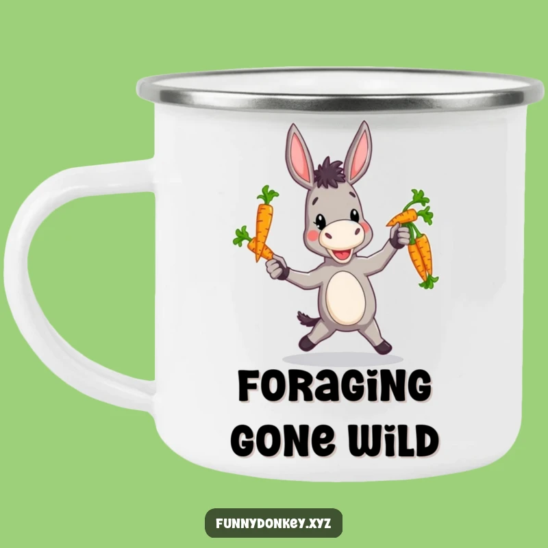 Funny Clumsy Donkey Camping Mug: Enamel, Juggling Carrots, Outdoor Fun