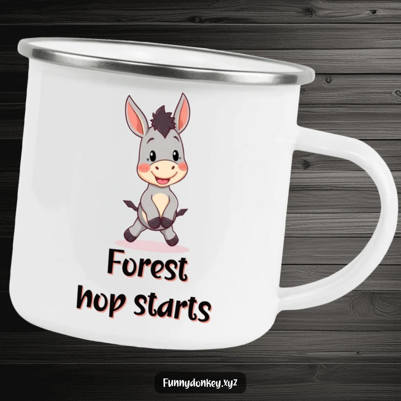 Funny Kawaii Donkey Camping Mug featuring a cute donkey character doing a silly little hop, perfect for humorous outdoor enjoyment.