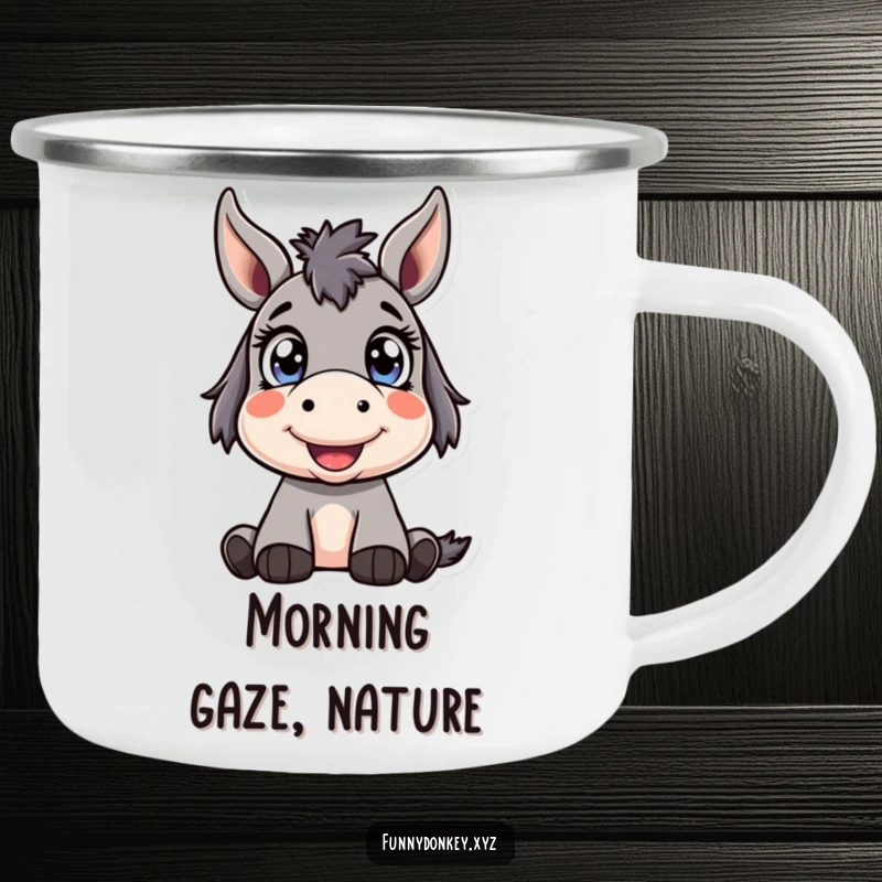 Funny Kawaii Donkey Camping Mug featuring a cute donkey character with bright, wide eyes looking up happily, perfect for humorous outdoor enjoyment.