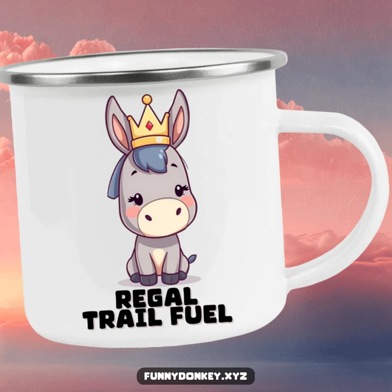 Funny kawaii donkey camping mug showing a cute donkey character wearing a small abstract crown, perfect for adventurous royal humor.