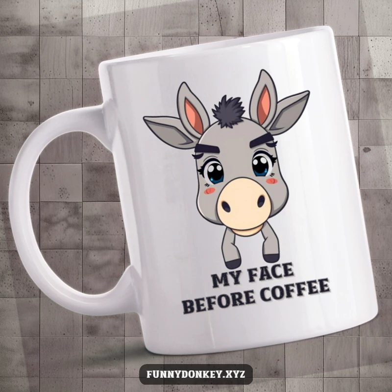 Funny mug featuring a donkey with comically large, expressive eyebrows, looking utterly confused and bewildered. Perfect for donkey fans.