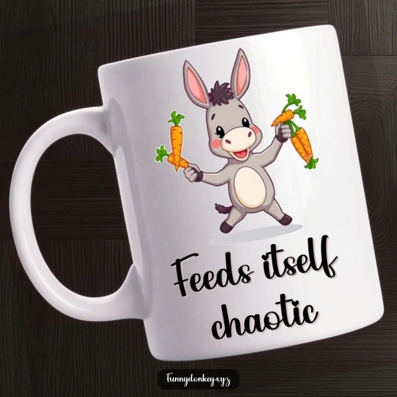 Funny mug featuring a donkey clumsily juggling a bunch of colorful carrots, with a look of focused, yet charming, bewilderment.