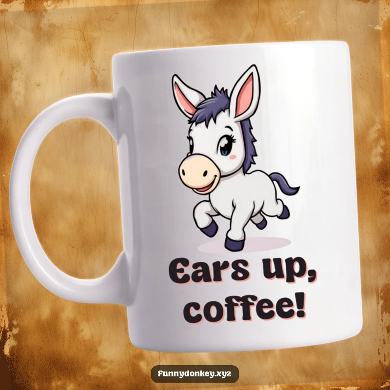 Funny Kawaii Donkey Mug featuring a cute donkey with large floppy ears, prancing joyfully, radiating happiness.