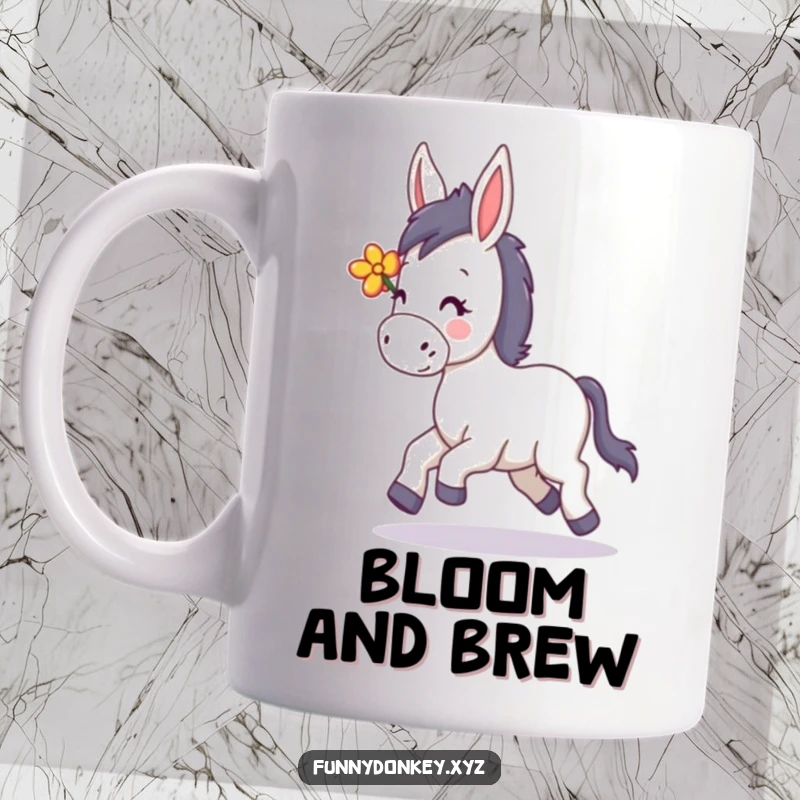 Funny Kawaii Donkey Mug, happily trotting with a flower in its mane, bringing a smile with every sip.