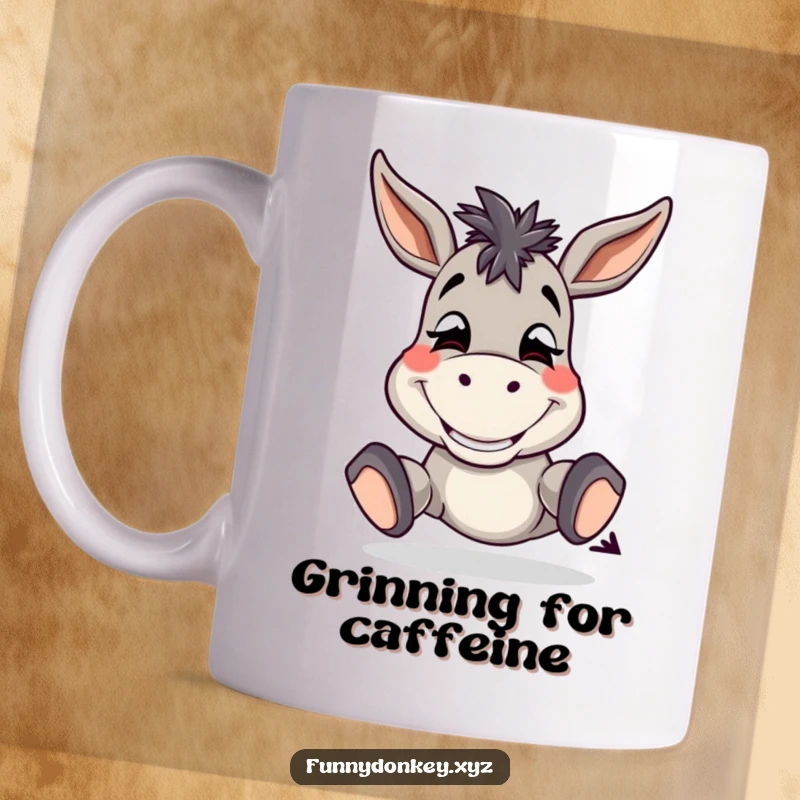 Funny Donkey Mug featuring a silly donkey with a wide grin, happily tapping its hooves with excitement.