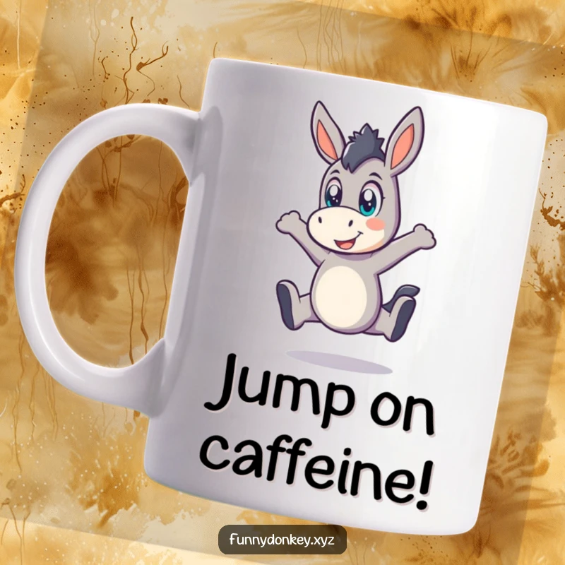 Funny Kawaii Donkey Mug, captured mid-playful leap with wide, excited eyes, a joyful and humorous design.