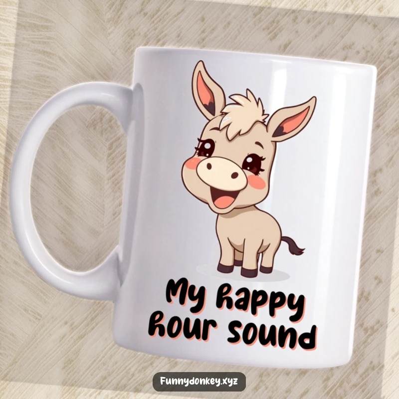 Funny Kawaii Donkey Mug, excitedly braying with a wide mischievous grin, perfect for coffee lovers seeking a laugh.