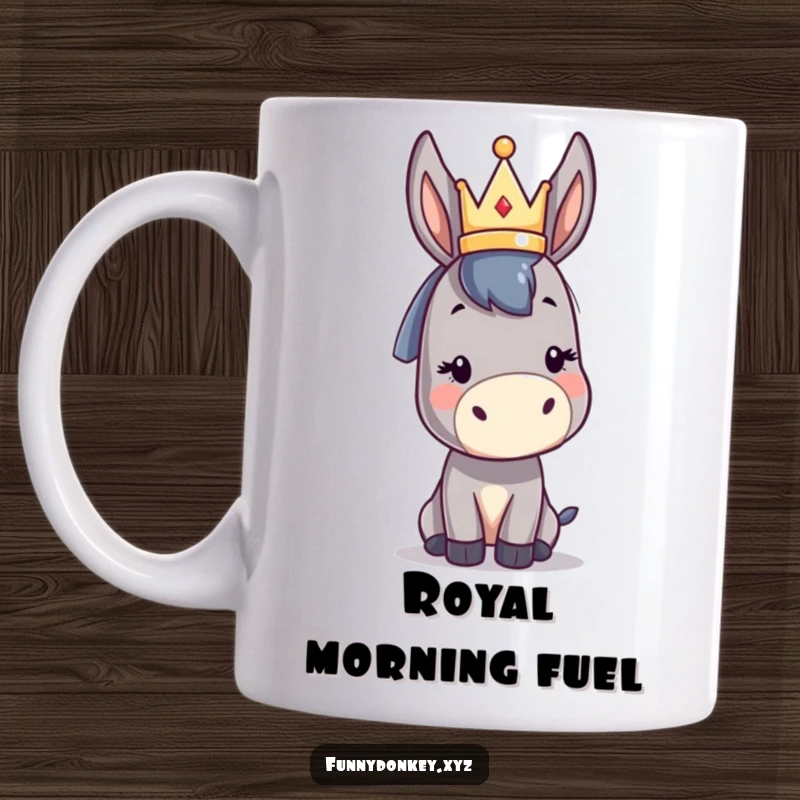 Funny kawaii donkey mug showing a cute donkey character balancing a tiny abstract crown on its head, exuding royal charm and humor.