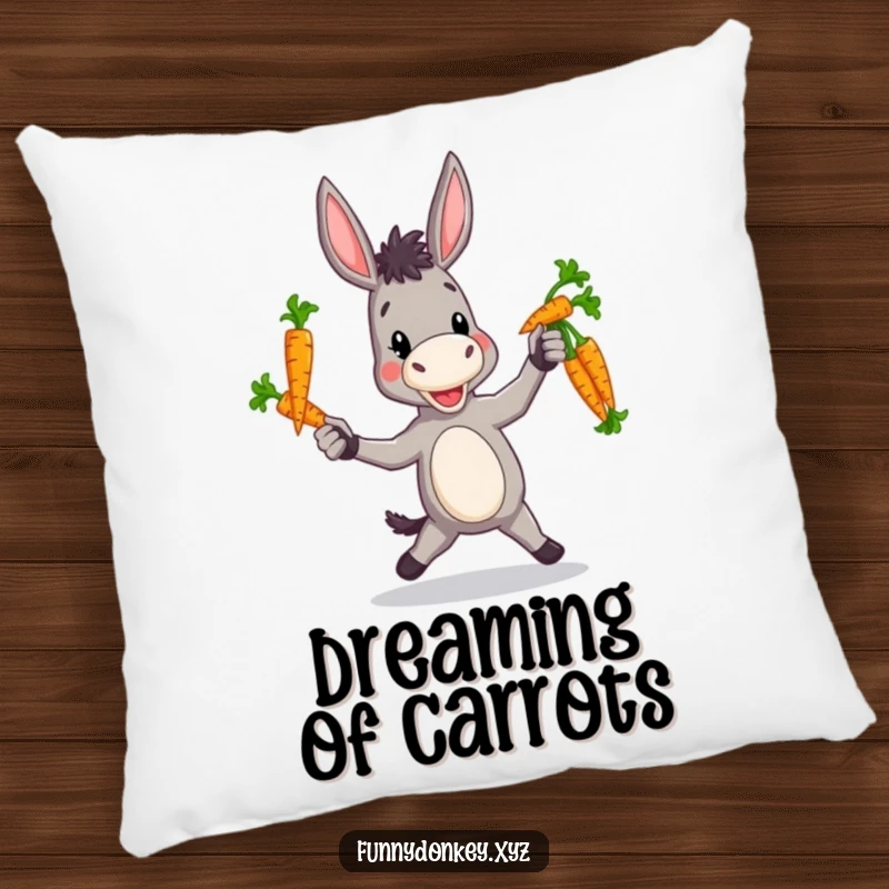 Funny decorative pillow depicting a donkey charmingly engaged in a clumsy attempt to juggle several colorful carrots.