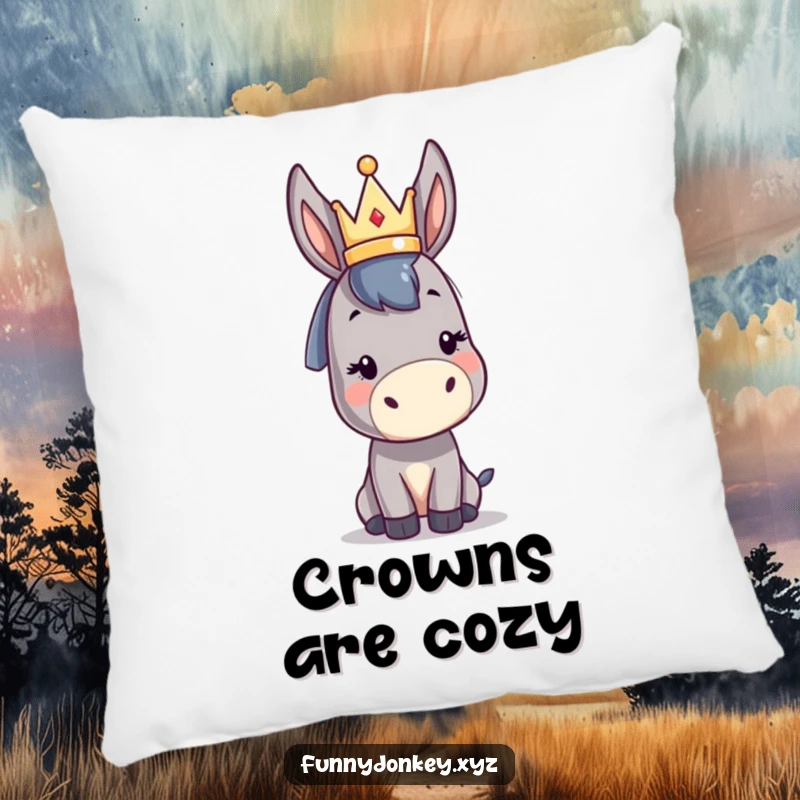 Funny kawaii donkey pillow featuring a cute donkey character balancing a small abstract crown, offering cozy royal charm and humor.