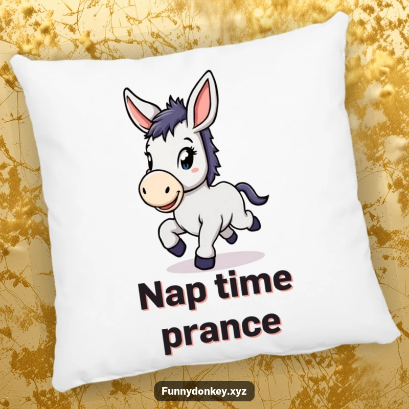 Funny Kawaii Donkey Pillow with a cute donkey with large floppy ears, prancing with delight, soft and cheerful.