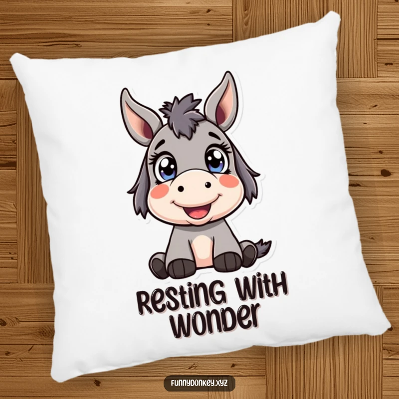 Funny Kawaii Donkey Pillow featuring a cute donkey character with bright, wide eyes looking up happily, providing humorous and cozy comfort.