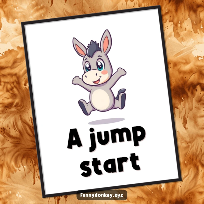 Funny Kawaii Donkey Digital Art Print, a donkey mid-playful leap with wide eyes, for instantly energetic decor.