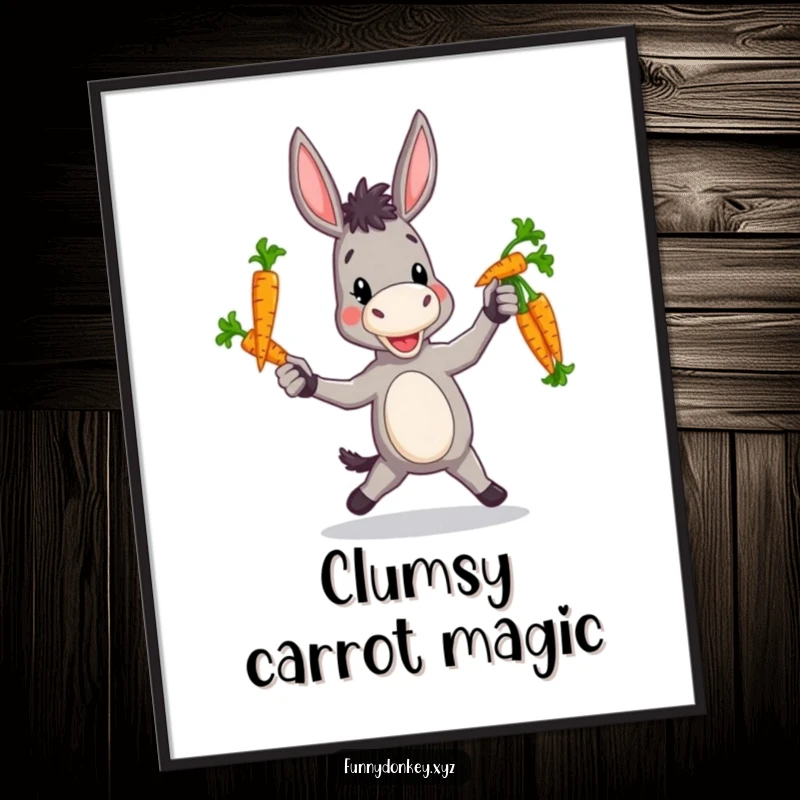 Funny digital art print of a donkey with a charmingly clumsy style as it juggles a bundle of colorful carrots.