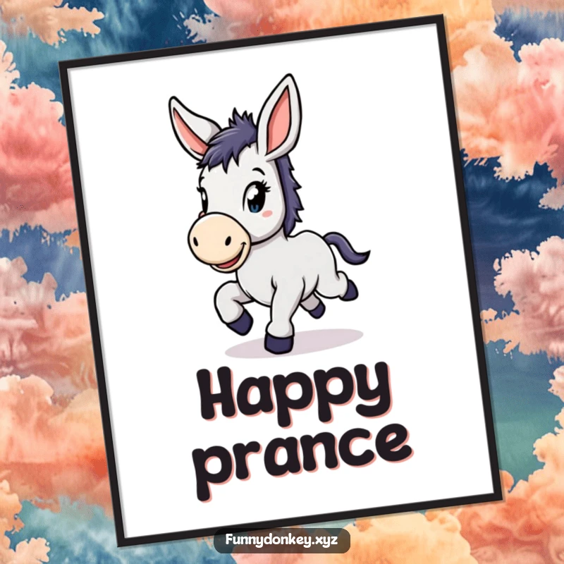 Funny Kawaii Donkey Digital Art Print showing a cute donkey with large floppy ears, prancing with delight, joyful decor.