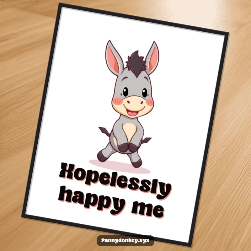 Funny Kawaii Donkey Digital Art Print: Cute donkey character doing a silly little hop, bringing cheerful and humorous energy to decor.