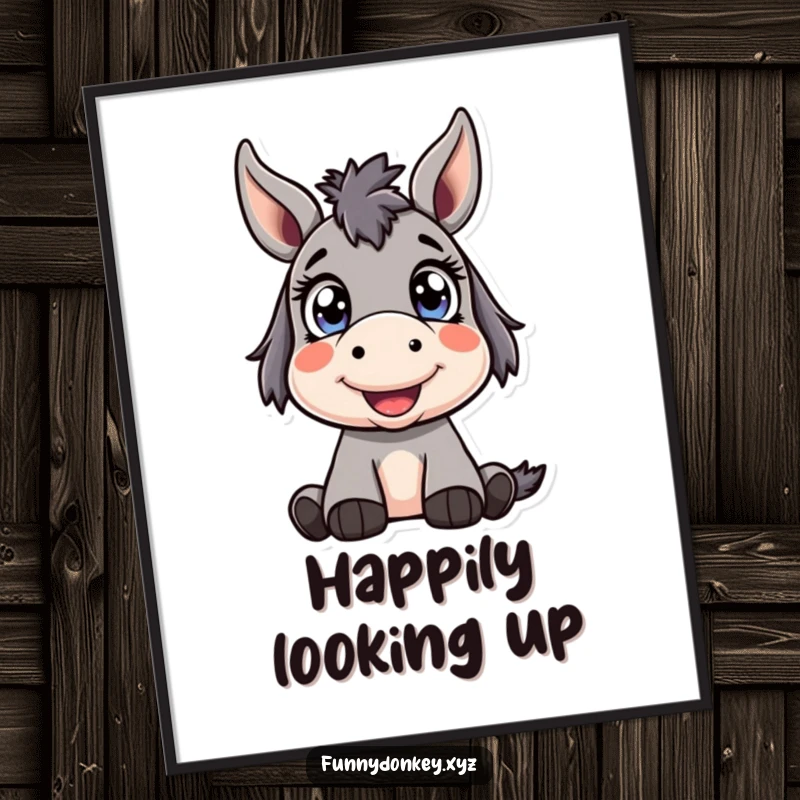 Funny Kawaii Donkey Digital Art Print: Cute donkey character with bright, wide eyes looking up happily, bringing innocent joy and humor to decor.