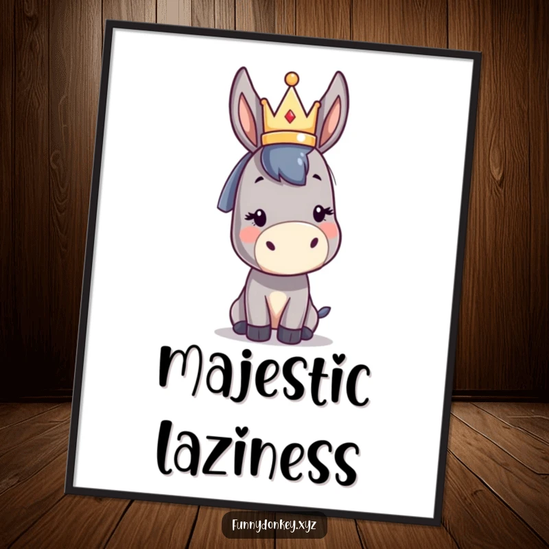 Funny kawaii donkey digital art print showing a cute donkey character wearing a small abstract crown, exuding playful regal humor.