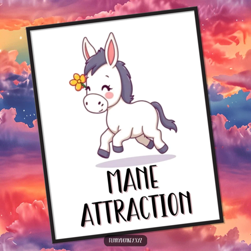 Funny Kawaii Donkey Digital Art Print, a donkey happily trotting with a flower in its mane, instantly cheerful.