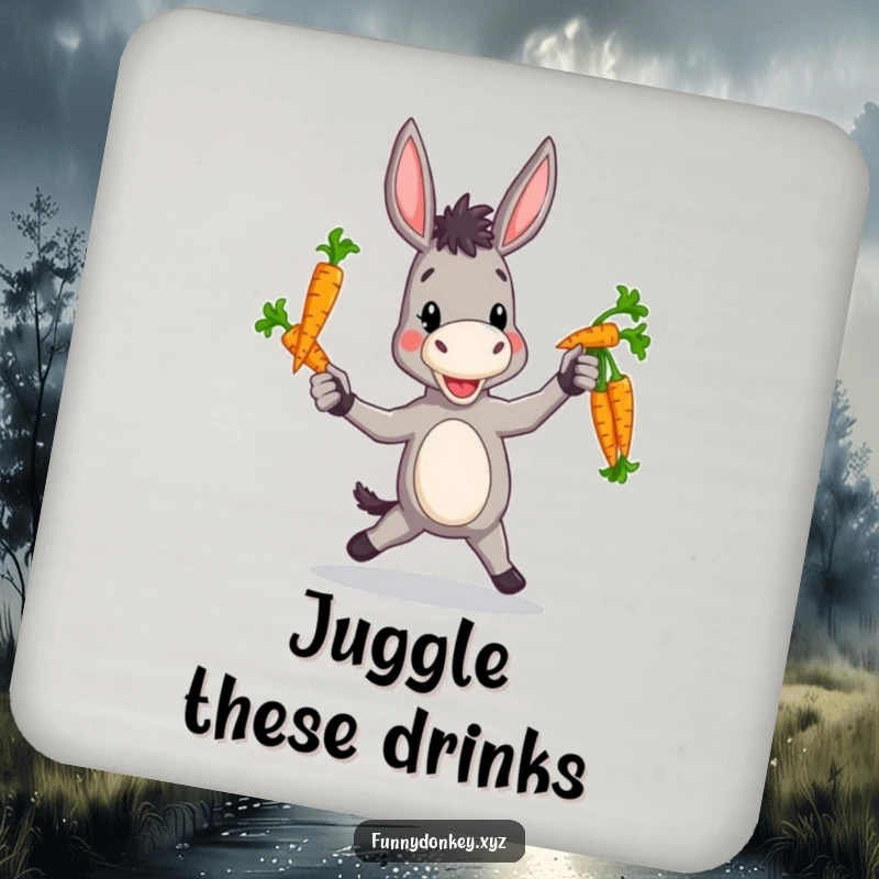 Funny drink coaster featuring a donkey engaged in a charmingly clumsy attempt to juggle several colorful carrots.
