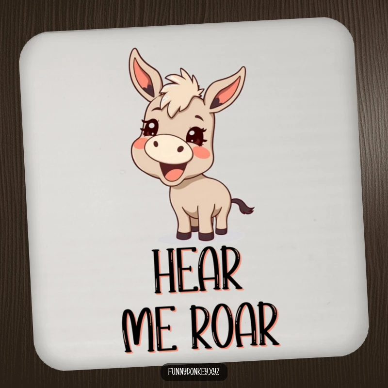 Funny Kawaii Donkey Coaster, a donkey braying with a mischievous grin, protecting surfaces with humor.