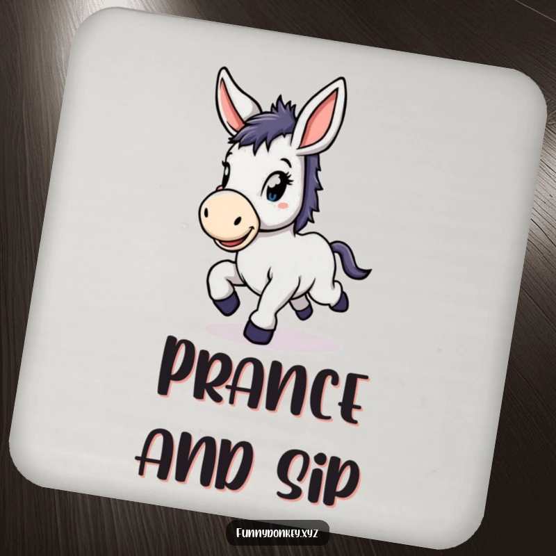 Funny Kawaii Donkey Coaster with a cute donkey with large floppy ears, prancing with delight, protecting surfaces.