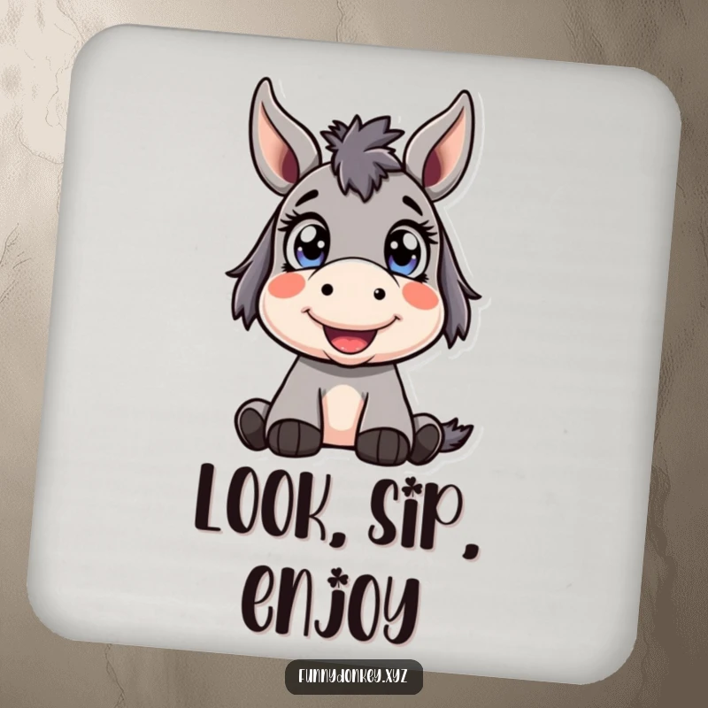 Funny Kawaii Donkey Coaster featuring a cute donkey character with bright, wide eyes looking up happily, perfect for humorous surface protection.