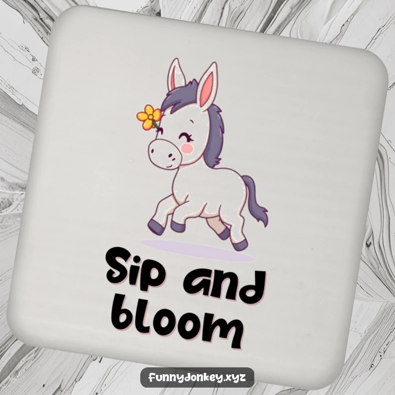 Funny Kawaii Donkey Coaster, a donkey happily trotting with a flower in its mane, adding cheerful protection.