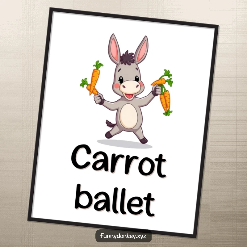 Funny poster showcasing a donkey with a sweet, clumsy charm while juggling a colorful bundle of carrots.