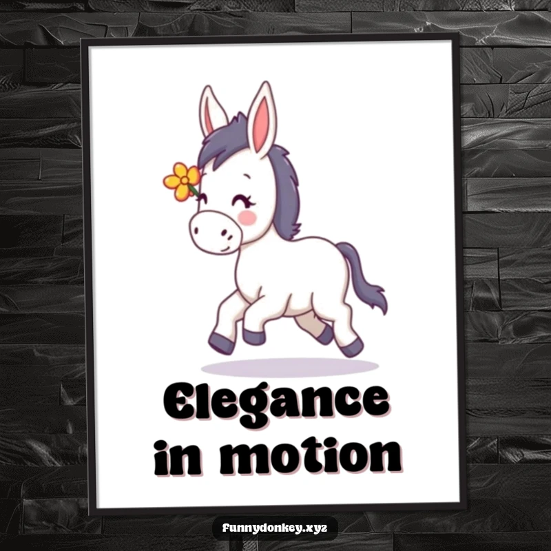 Funny Kawaii Donkey Poster, a donkey happily trotting with a flower in its mane, bringing cheerful vibes.