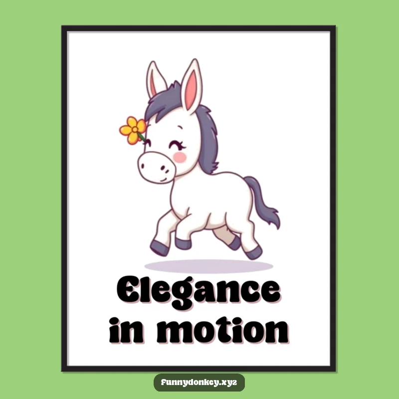 Funny Kawaii Donkey Trotting Poster: Cheerful Wall Art with a Floral Accent