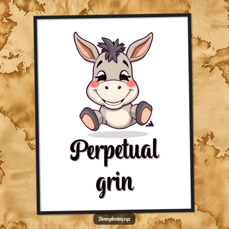 Funny Donkey Poster showing a silly donkey with a wide grin, tapping its hooves, joyful wall art.