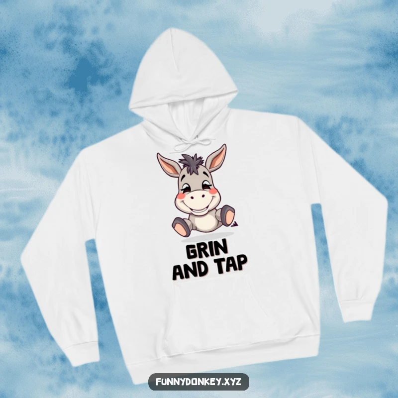 Funny Donkey Hoodie featuring a silly donkey with a wide grin, tapping its hooves, cozy and humorous.