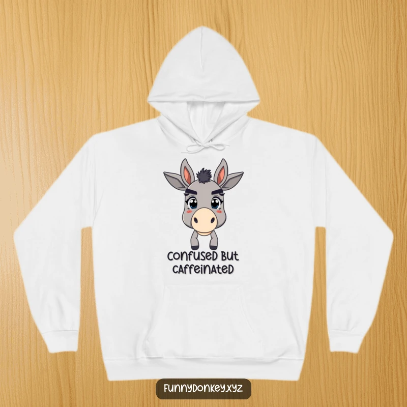 Funny hoodie showcasing a donkey with comically large, expressive eyebrows, appearing playfully bewildered and slightly quizzical.