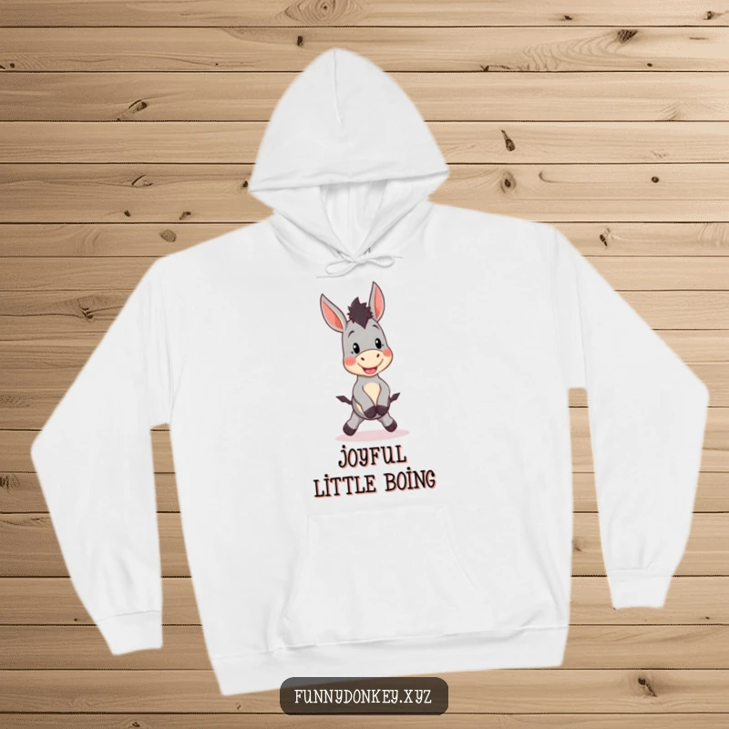 Funny Kawaii Donkey Hoodie featuring a cute donkey character doing a silly little hop, embodying pure excitement and cozy fun.