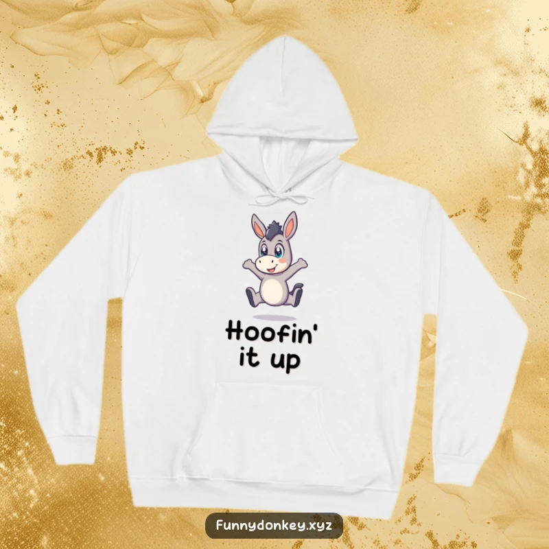 Funny Kawaii Donkey Hoodie, a donkey mid-leap with wide eyes, perfect for cozy moments and playful vibes.