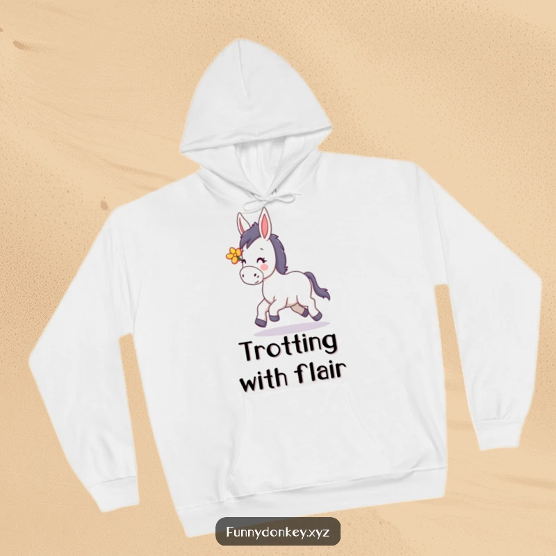 Funny Kawaii Donkey Hoodie, depicting a donkey happily trotting with a flower in its mane, perfect for cozy cheer.