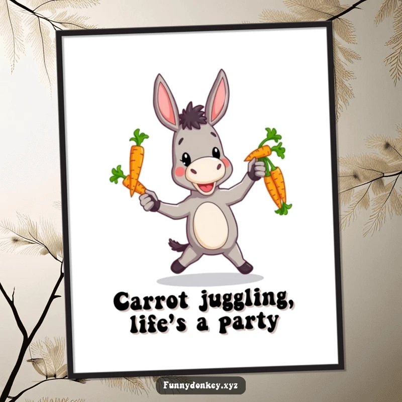 Free Printable Wall Art: A donkey charmingly juggling a colorful bundle of carrots with a joyful, clumsy demeanor