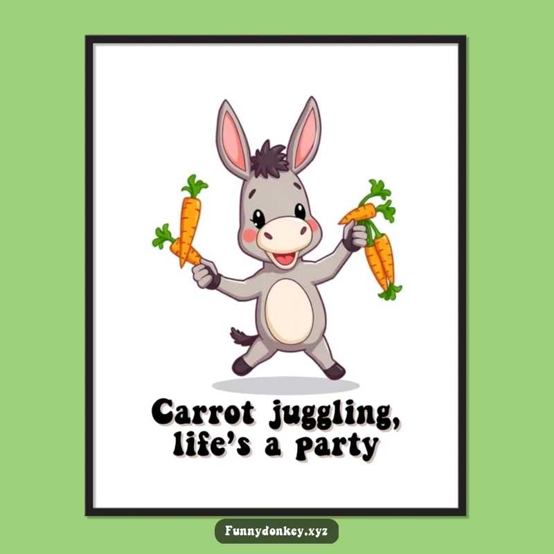 Funny Free Printable Wall Art: Clumsy Donkey Juggling Carrots, Whimsical Downloadable Decor