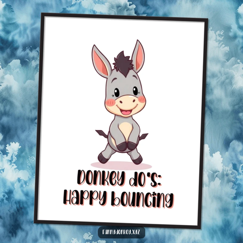 Free Printable Wall Art: A cute Kawaii donkey character is captured mid-hop, expressing sheer excitement and happiness.