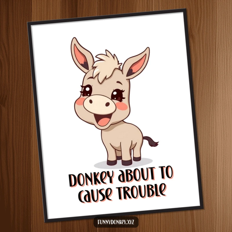 Funny free printable wall art of a kawaii donkey braying excitedly with a mischievous grin, ready to liven up any room.