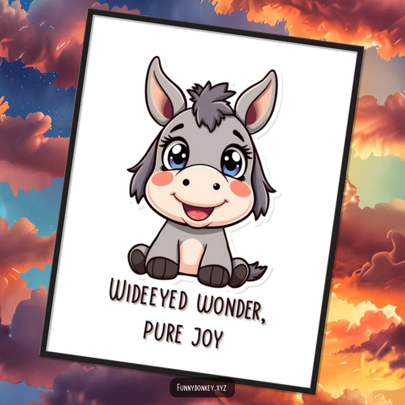 Free Printable Wall Art: A Kawaii donkey character with bright, wide eyes looks upwards with a happy and content expression.