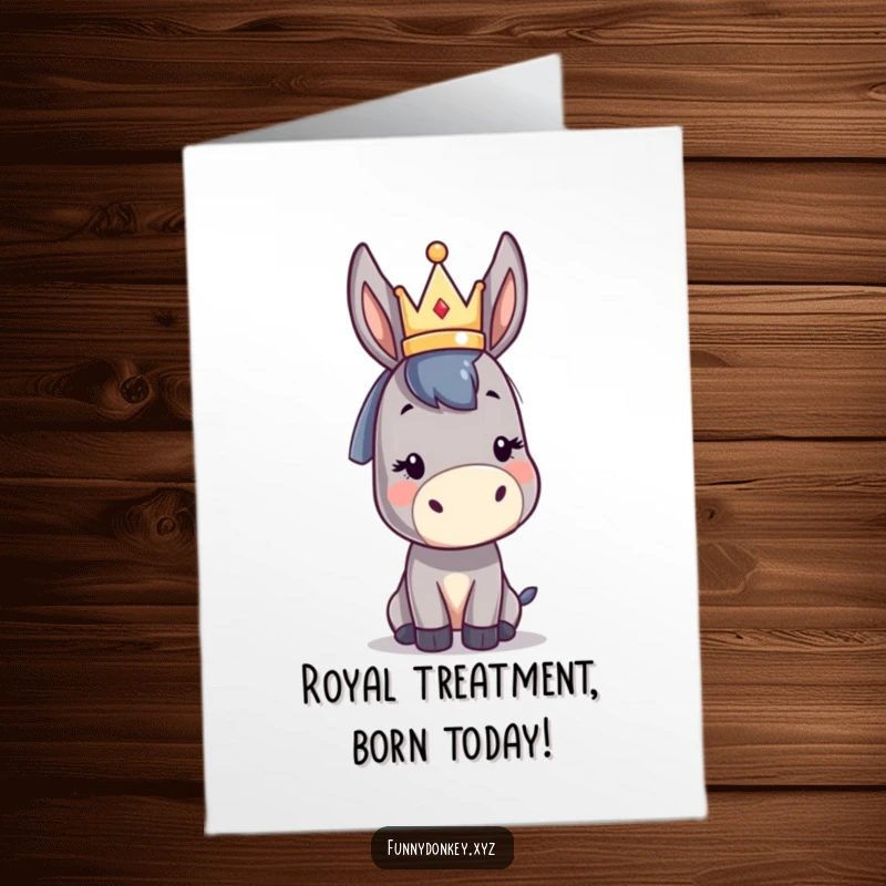 Funny Free Printable Birthday Card: Kawaii donkey with a tiny crown precariously balanced, radiating birthday cheer. A hilarious downloadable gift.