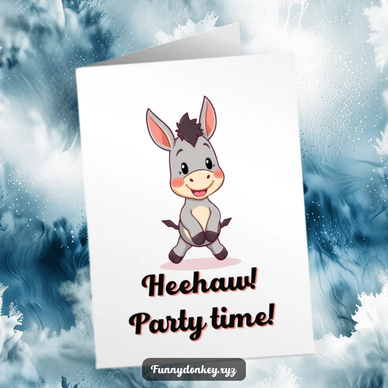 Funny Free Printable Birthday Card: A cute Kawaii donkey character is hopping with pure excitement to celebrate a birthday.