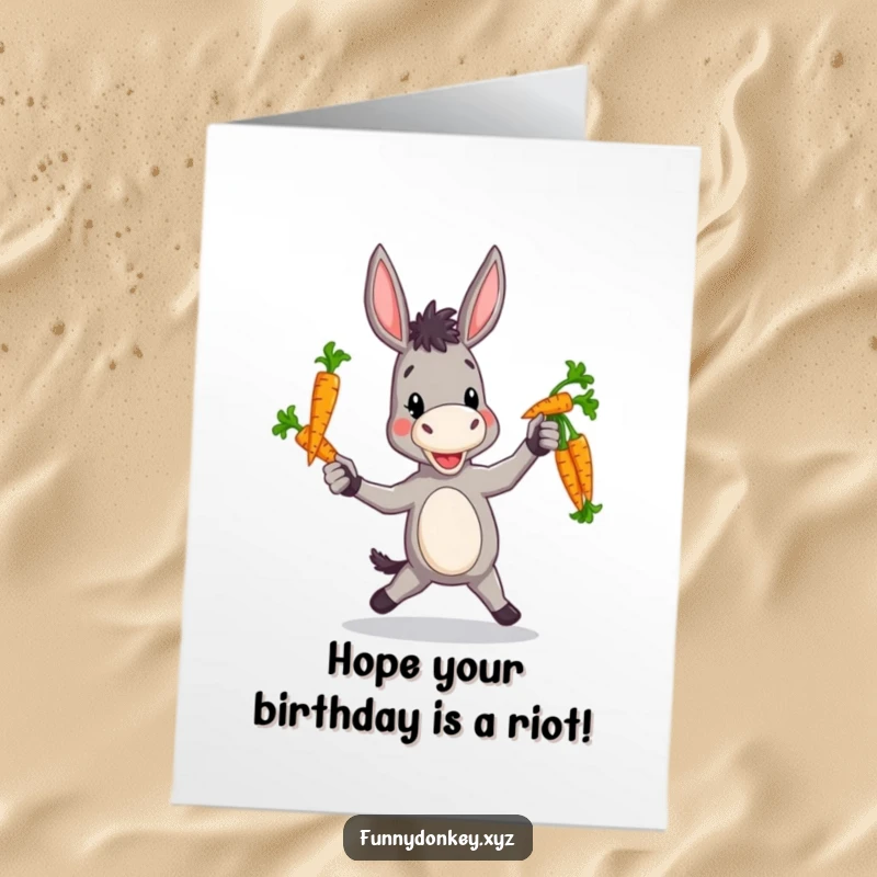Funny Free Printable Birthday Card: Donkey clumsily juggling colorful carrots with a charming grin